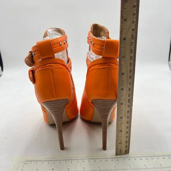 XYD Dark Orange Studs Peep Toe Ankle Bootie High Heel Buckled Double Strap Shoes - Picture 5 of 8